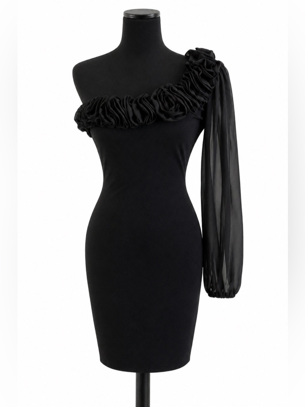 B. Smart Black One-Shoulder Rosette Sheath Dress with Sheer Sleeve